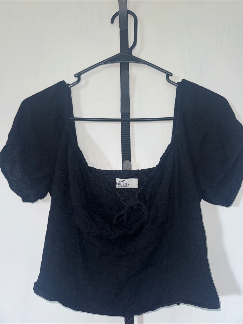 Hollister Black Puff Sleeve Square Neck Blouse with Front Tie